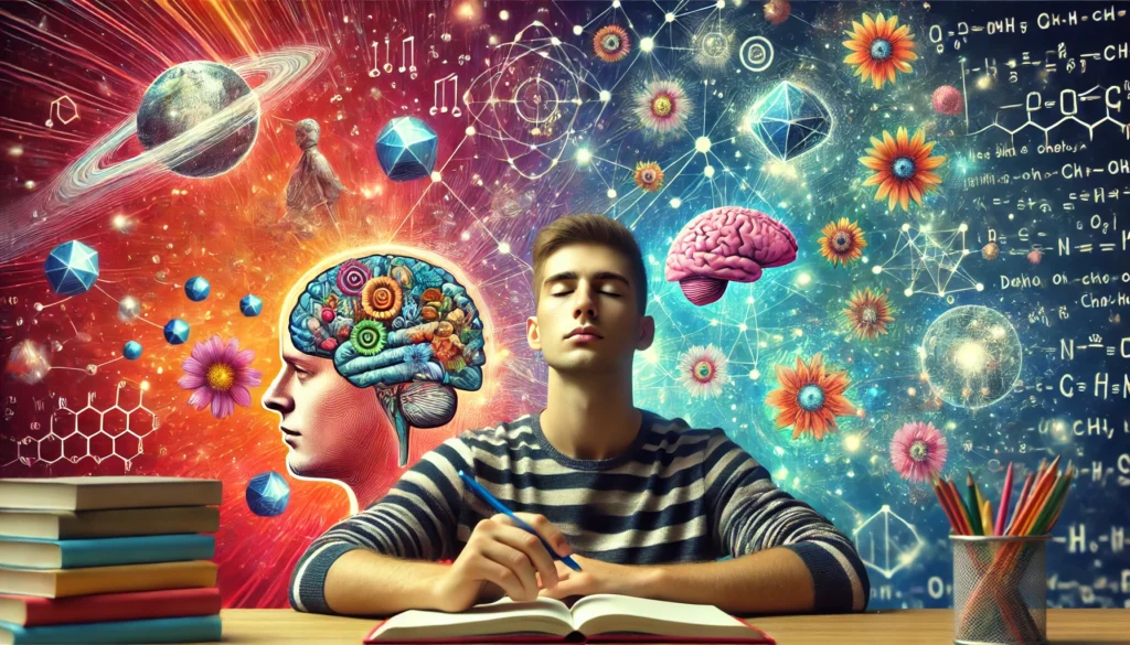 A student utilizing the 'Visualization' memory technique, closing their eyes and imagining key study concepts as vivid, colorful images floating around them in a surreal, dreamlike atmosphere.