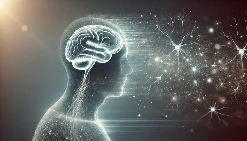 A conceptual image of a person’s silhouette fading into the background, with a transparent brain revealing weakening neural connections. The soft glow emphasizes the loss of memory pathways.