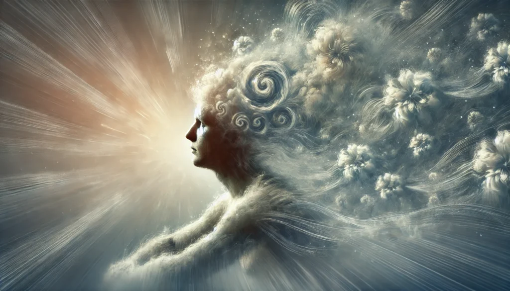 A dreamlike artistic depiction of a stroke patient with swirling, blurred memories escaping from their head. The contemplative pose and hazy background symbolize cognitive confusion and lost memories.
