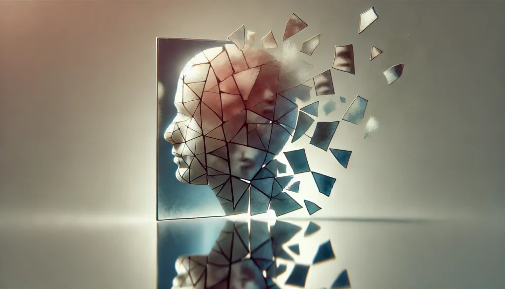 A symbolic image of a fragmented mirror reflecting distorted versions of a person’s face, illustrating memory loss after a stroke. The shattered pieces represent confusion and missing memories.