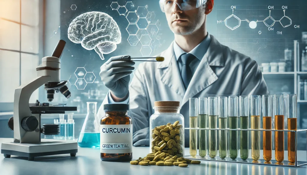 A researcher in a laboratory analyzing curcumin supplements and green tea extract, with lab equipment and test tubes in the background, symbolizing scientific research on supplements to reduce brain inflammation.