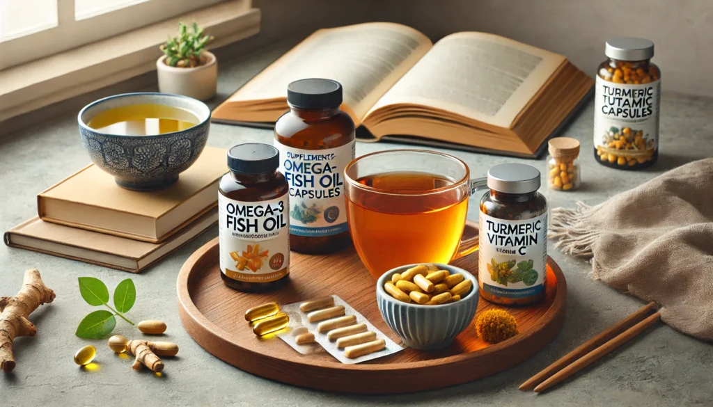 A calm home setting featuring a selection of supplements to reduce brain inflammation, including bottles of omega-3 fish oil, turmeric capsules, and vitamin C, arranged on a wooden tray near a cup of herbal tea and an open book.