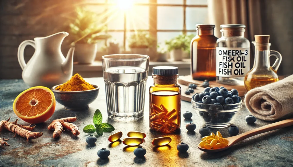 A cozy kitchen counter featuring a glass of water, a bottle of turmeric capsules, omega-3 fish oil, and fresh blueberries, with sunlight streaming in from a window, symbolizing natural supplements to reduce brain inflammation.