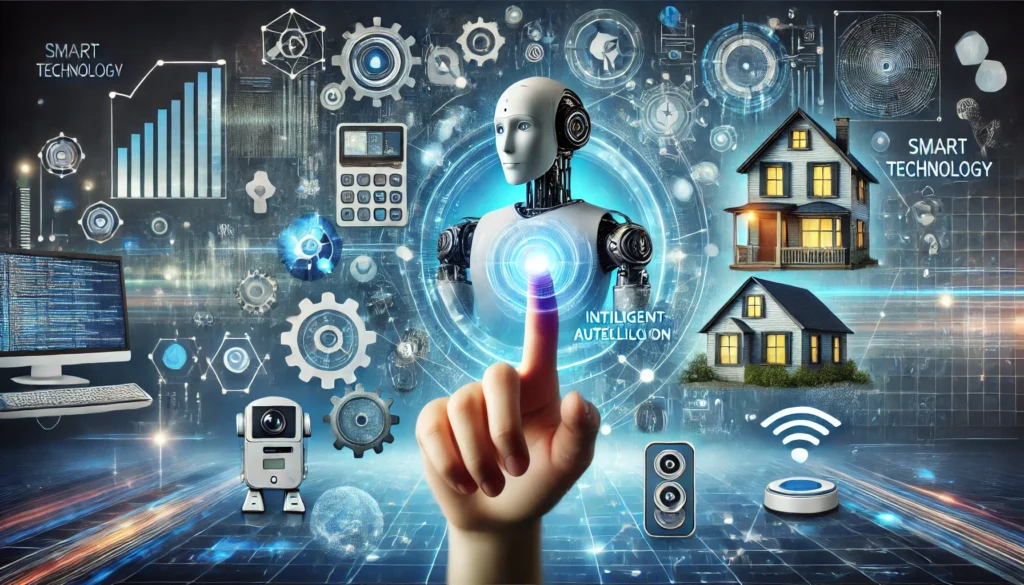 Conceptual visualization of artificial intelligence integrating with smart technology, showcasing robotic assistants, automated data analysis, and smart home devices communicating seamlessly, symbolizing efficiency and automation