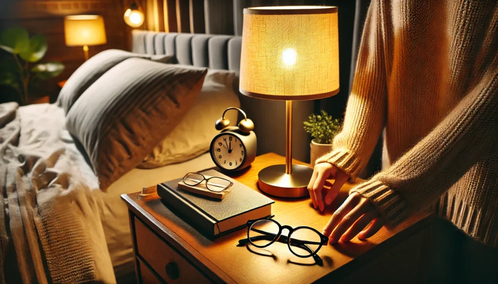 A cozy nightstand setup with reading glasses, a book, and a lamp. A person’s hand places the glasses down, reinforcing the concept of how to remember where you put something by using a consistent placement strategy
