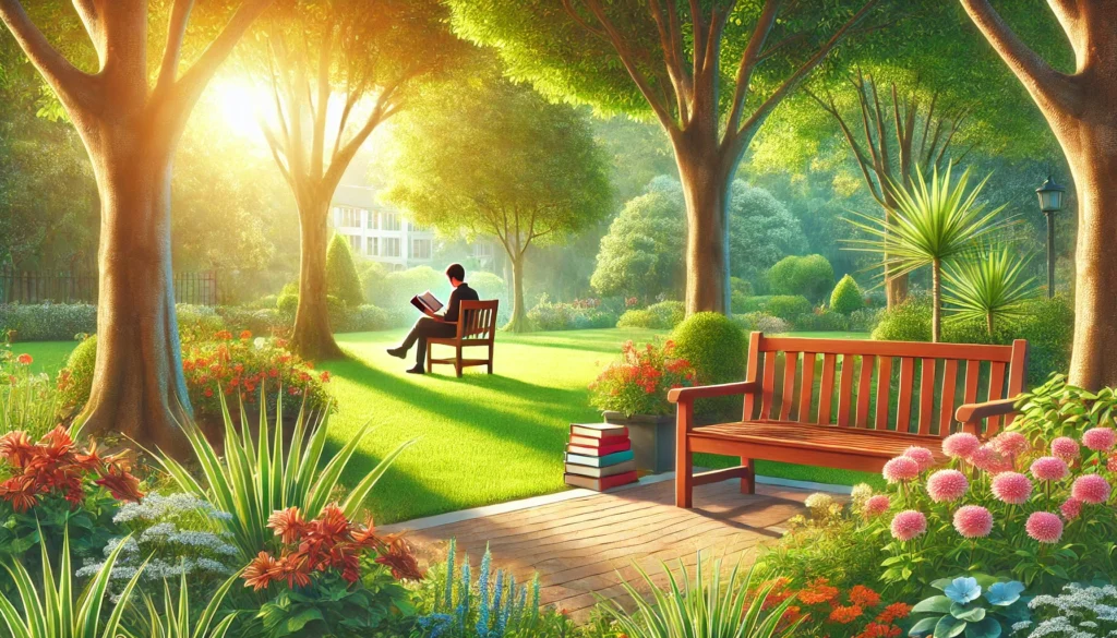 A bright and inviting outdoor park scene with a person sitting on a bench, reading one of the books that change your life, surrounded by lush greenery and colorful flowers