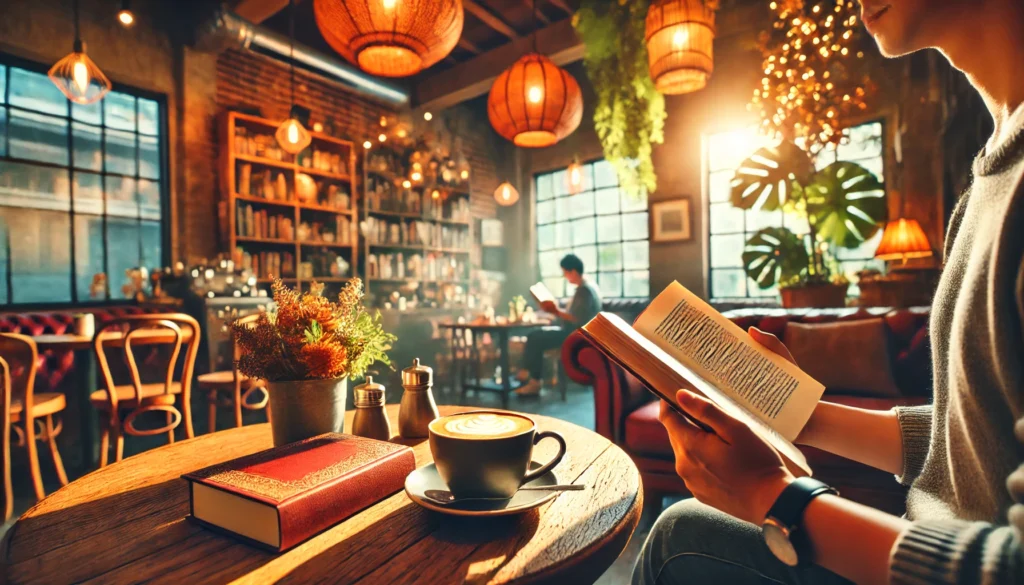 A cozy café setting with a person sitting at a wooden table, reading one of the books that change your life, surrounded by warm lighting and vibrant décor