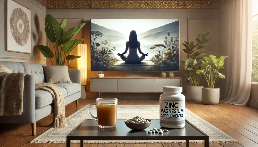 Cozy living room with a person meditating on a yoga mat, symbolizing holistic approaches to depression, with soft lighting, indoor plants, and a side table holding tea and zinc-magnesium supplements.