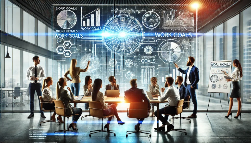 A diverse team collaborating in an office, planning and setting professional goals together to drive success