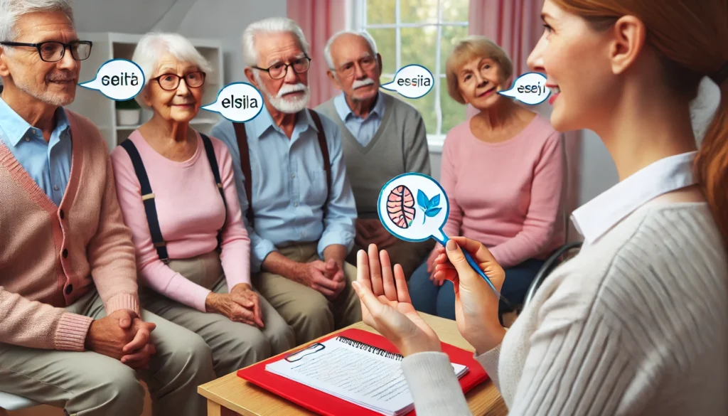 A group of elderly individuals with dementia participating in a language therapy session, practicing pronunciation exercises with a speech therapist. The scene symbolizes support and cognitive engagement for overcoming speech difficulties.