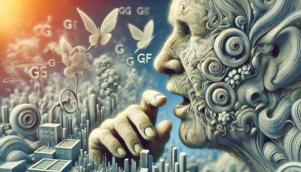 A close-up artistic visualization of a dementia patient's mouth as they struggle to pronounce words, with subtle distortions representing speech difficulties. The scene conveys the challenge of mispronounced words in dementia patients.