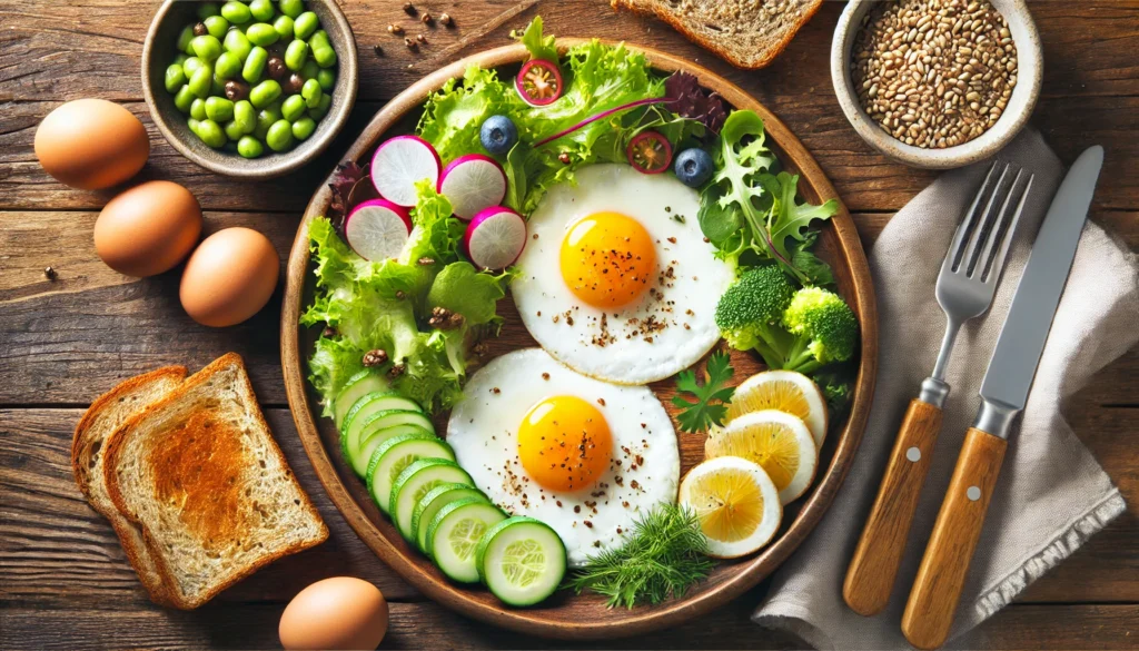A top-down view of a healthy breakfast plate with sunny-side-up eggs, whole grain toast, and fresh salad greens. The vibrant colors and nutritious ingredients represent the brain-boosting benefits of eggs for aging minds.
