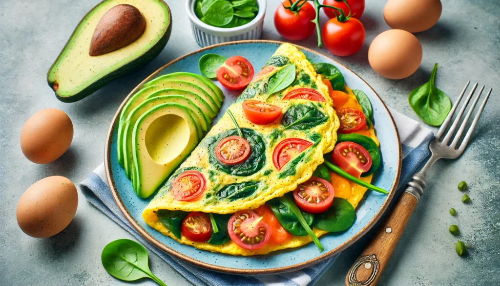 A colorful omelette filled with vegetables like spinach, tomatoes, and bell peppers, served with a side of sliced avocado. The vibrant meal showcases the memory-boosting and nutritional benefits of eggs for aging minds.