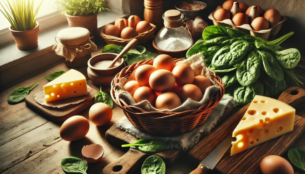 A rustic kitchen counter with eggs arranged in a basket, surrounded by natural ingredients like spinach and cheese. The warm lighting highlights the nutritional richness of eggs for brain health in aging individuals.