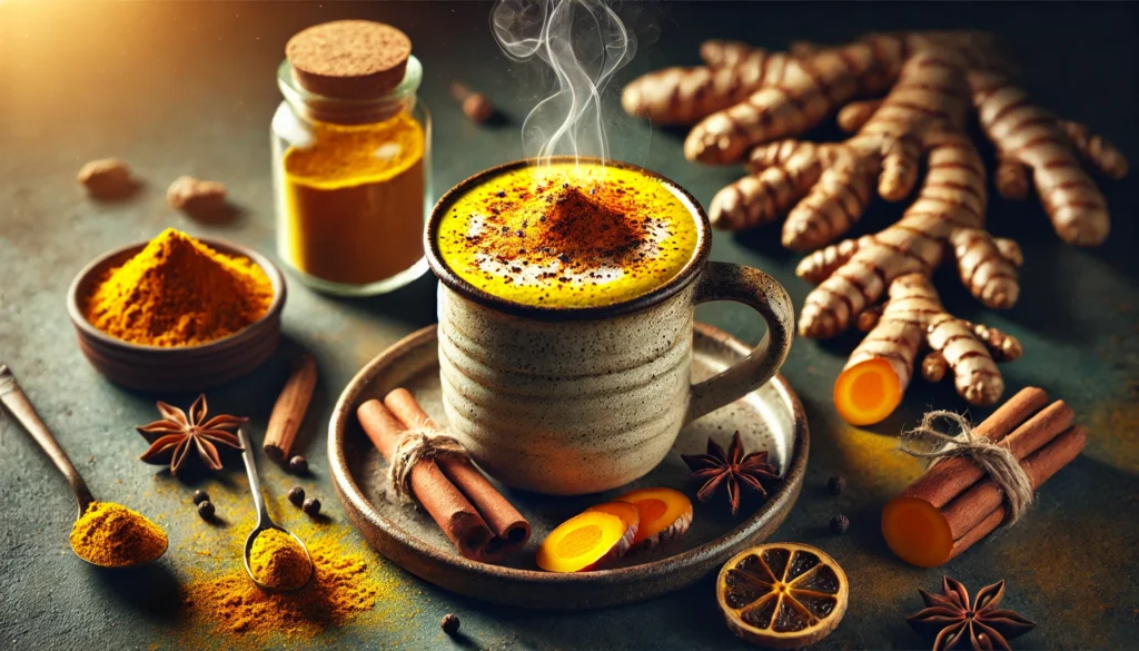 A golden turmeric latte in a ceramic mug with cinnamon and black pepper sprinkled on top, surrounded by fresh turmeric roots. The warm glow symbolizes its memory-enhancing and anti-inflammatory benefits for brain health.