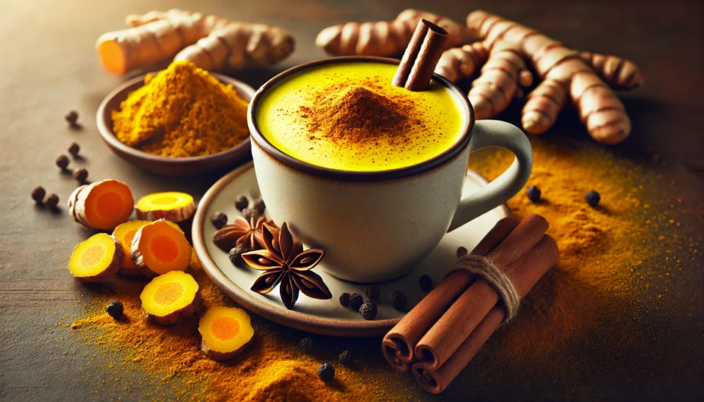 A warm and inviting cup of golden turmeric latte with cinnamon sprinkled on top, surrounded by fresh turmeric roots and black pepper. The golden glow symbolizes the anti-inflammatory and cognitive-boosting properties of turmeric in dementia care.