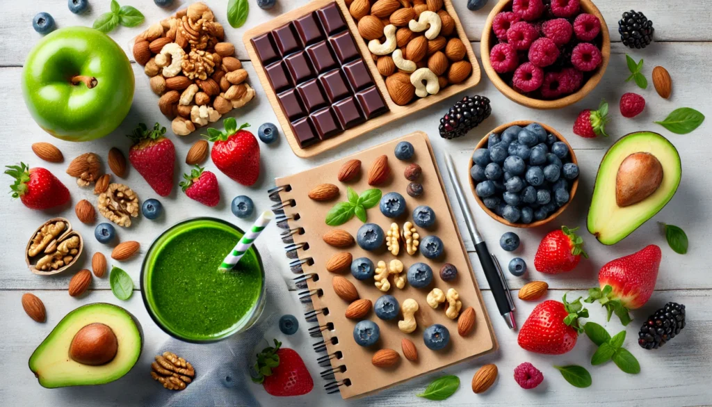 A top-down view of a study desk with a healthy snack arrangement including nuts, dark chocolate, fresh berries, and a glass of green smoothie. The vibrant colors and nutritious ingredients symbolize energizing foods that enhance mental focus and cognitive function.
