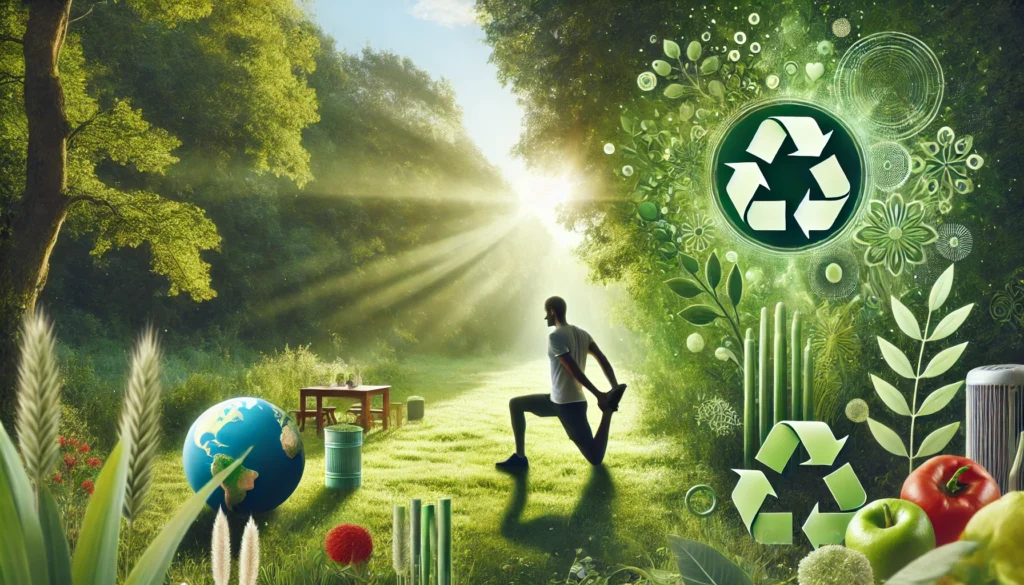 A person exercising in nature, doing yoga or stretching in a lush green park. The surrounding environment radiates positive energy, symbolizing the link between physical movement and improved mental clarity.