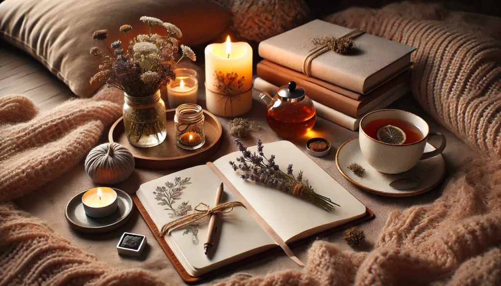 A cozy evening self-care ritual with herbal tea, a journal, and soft candlelight, creating a relaxing and reflective atmosphere. The scene symbolizes mindfulness and stress relief for better mental clarity.