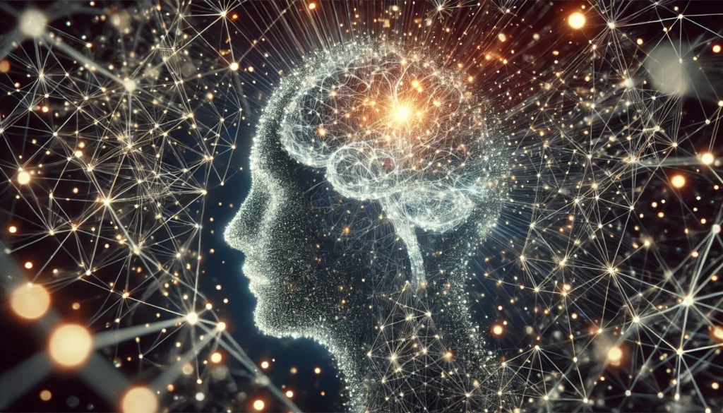 An abstract representation of cognitive processing and thought formation—A human head composed of interconnected light particles, with neural pathways branching out in various directions, symbolizing perception, memory storage, and data interpretation.