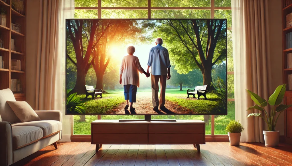 An elderly couple walking hand in hand through a peaceful park, symbolizing hope and improved quality of life through treatment for vascular dementia.