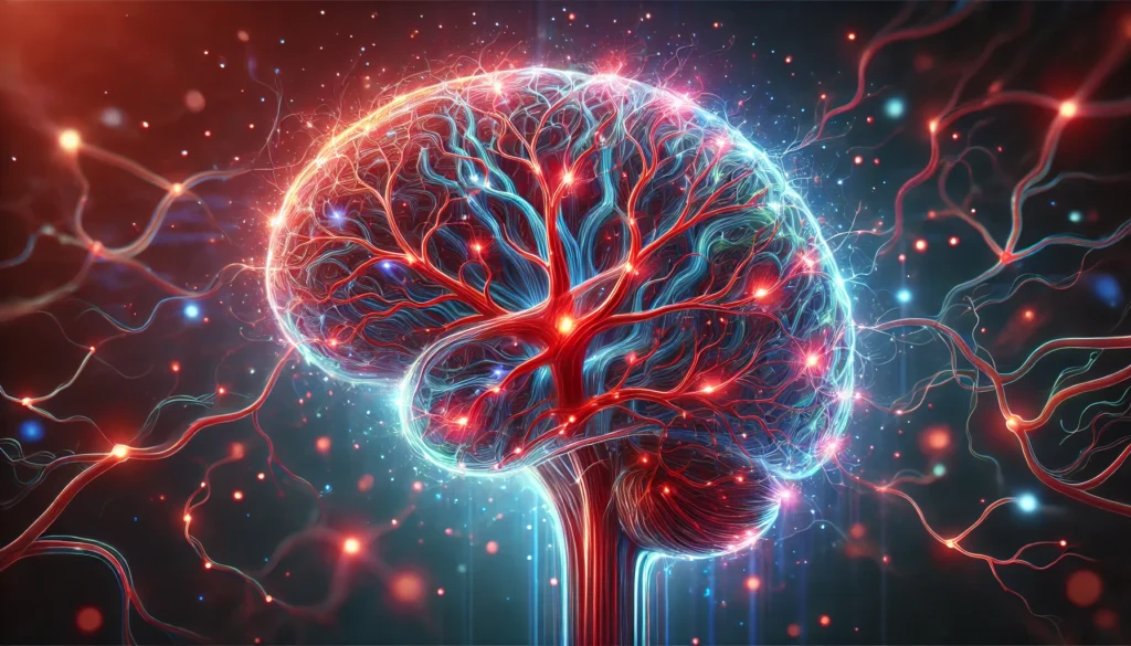 An abstract glowing brain with vascular connections highlighted in vibrant red and blue hues, symbolizing the focus on vascular dementia treatment.