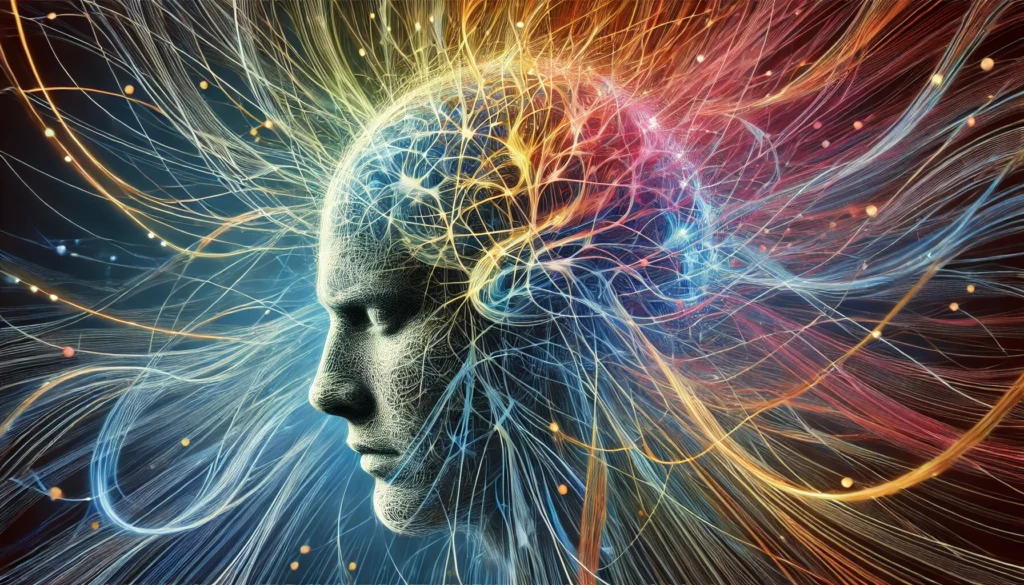 An artistic representation of chronic stress impacting brain function, featuring a human head with neural pathways tangled in chaotic lines, depicting mental overload and cognitive strain.