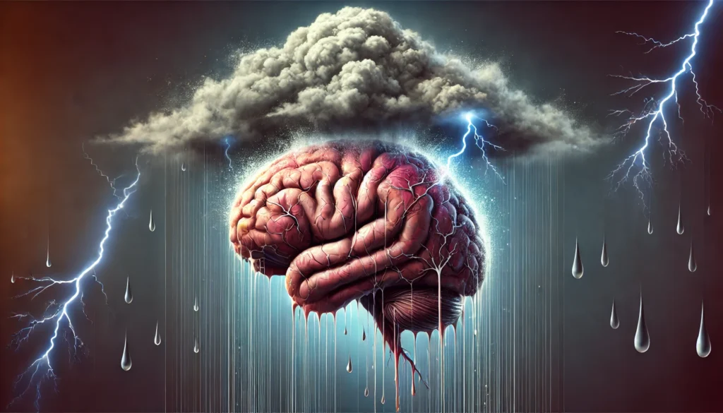 A surreal depiction of chronic stress damaging the brain, showing an abstract brain melting or eroding under a storm cloud, with lightning and rain symbolizing prolonged cognitive stress.