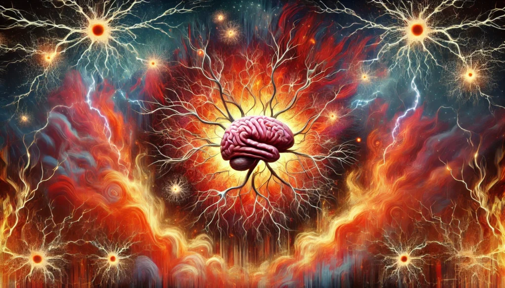 A symbolic illustration of how chronic stress alters brain chemistry, with tangled and shrinking neurons surrounded by a fiery, chaotic background, representing the impact on memory, focus, and emotional regulation.
