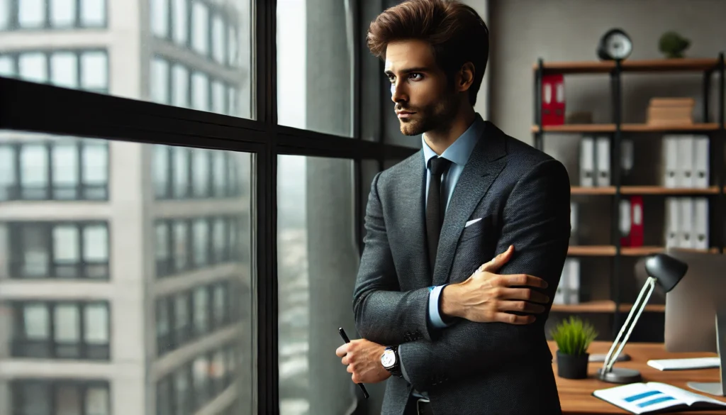 A professional standing near a window in an office, gazing outside with a reflective expression, symbolizing isolation and depression caused by work stress.