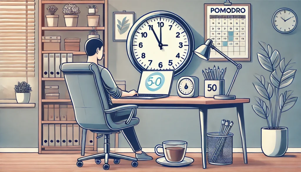 A person working at a desk with a laptop and timer in a calm home office setup, illustrating the Pomodoro Technique as a productivity hack for focused work sessions."
Let me know when you're ready for the final one!