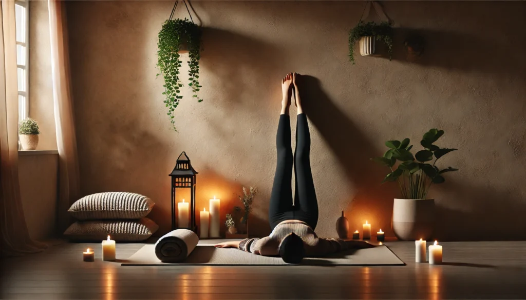A cozy yoga space with dim lighting, showing a person in the Legs-Up-the-Wall Pose. The scene includes a softly textured wall, a bolster for support, candles, and indoor plants, fostering deep relaxation.