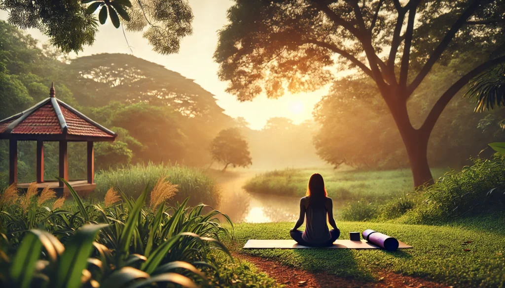 A peaceful outdoor yoga session at sunrise, showing a person in a meditative seated pose. The setting is surrounded by lush greenery and soft morning light, creating a tranquil atmosphere that emphasizes relaxation and mindfulness.