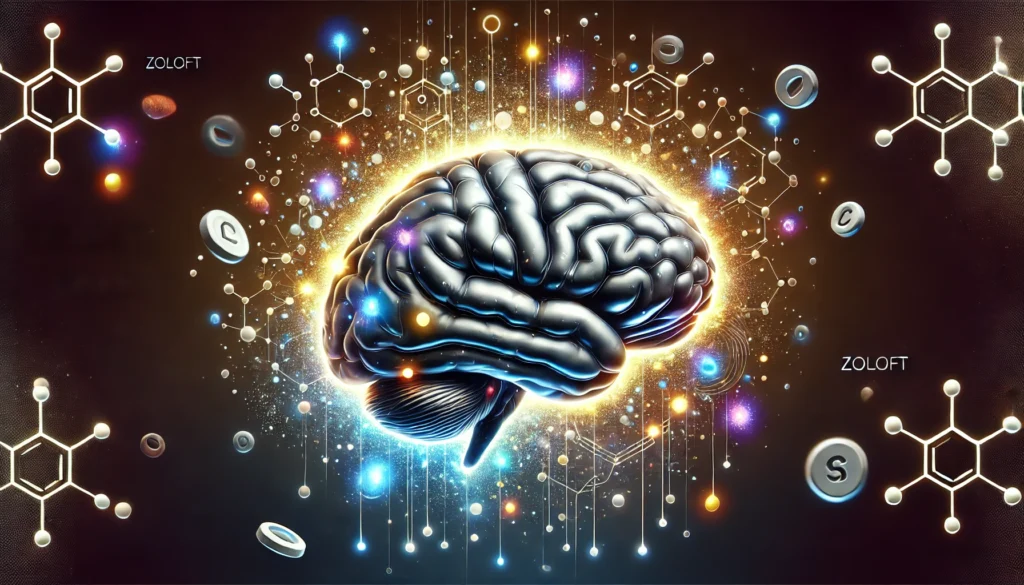 An artistic representation of a brain with serotonin molecules floating around it, symbolizing the influence of Zoloft on neurotransmitters and memory function. The balance between light and dark areas highlights the medication’s effects on cognition and recall.