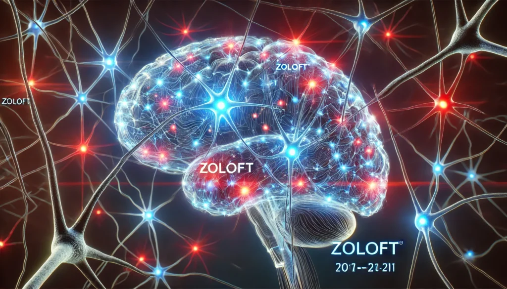 A scientific illustration of neural connections in the brain being influenced by Zoloft, with some pathways appearing strengthened while others fade. The image uses glowing blue and red synapses to represent the medication’s mixed effects on memory function.