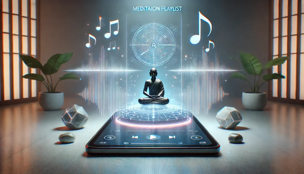 A futuristic digital music interface showcasing a meditation playlist on a sleek tablet or smartphone screen. Glowing sound waves surround the device, with a minimalist, zen-like environment in the background symbolizing peace and relaxation through music.