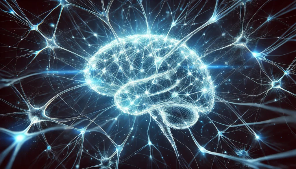 A futuristic depiction of brain cells with neuron synapses glowing in electric blue, symbolizing cognitive function and intelligence. The intricate web of connections illustrates thought processes and neural activity in a visually striking manner.