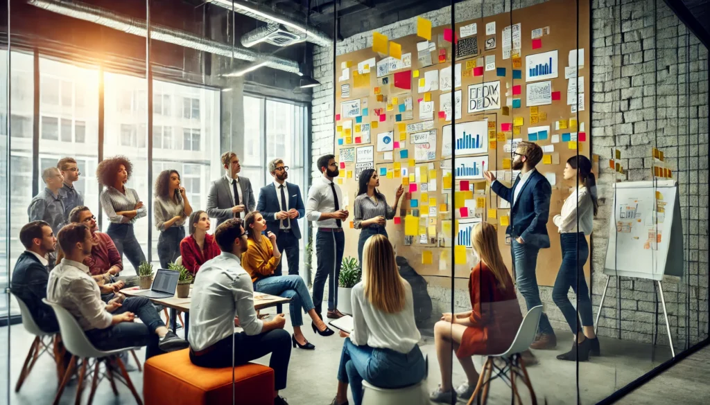 "A collaborative brainstorming session in a modern workspace, where a diverse team actively contributes ideas on a glass wall covered with sticky notes. The meeting environment is dynamic and results-oriented."