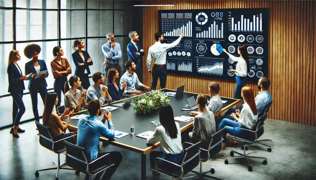 A collaborative meeting in a modern workspace, where team members are actively engaging in a strategic discussion. Participants are gathered around a conference table, some standing and pointing at a large digital screen displaying key metrics. Others are taking notes and sharing ideas, creating an energetic and interactive atmosphere.