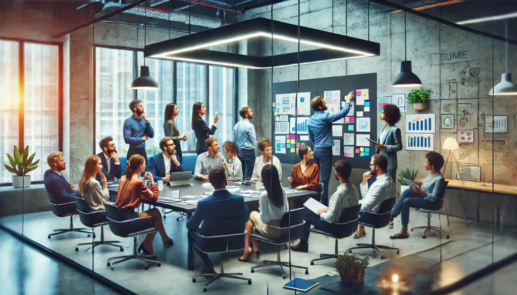 "A collaborative meeting in a modern workspace, where professionals actively brainstorm and share ideas, exemplifying how to conduct productive meetings efficiently."
