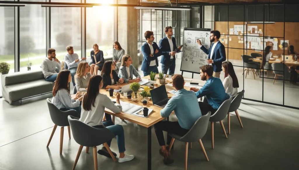 Team members brainstorming on a whiteboard, engaged in an interactive and productive discussion.