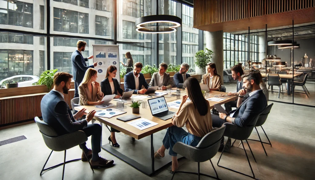 A collaborative meeting in a modern workspace, where professionals are engaged in a focused discussion. The setting includes a stylish open office with large windows providing natural light. Team members are seated around a conference table, reviewing reports and digital documents on laptops and tablets. The environment emphasizes teamwork, structured communication, and productivity.