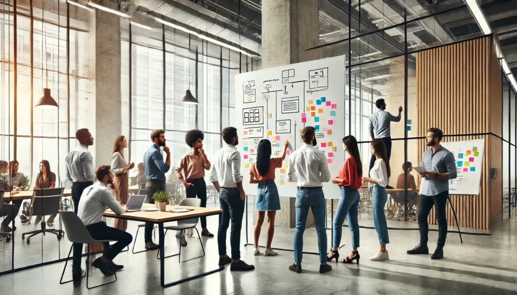 "A collaborative meeting in a modern workspace where a diverse team is brainstorming and problem-solving. Participants stand around a whiteboard, sharing ideas and planning visually, promoting effective teamwork."