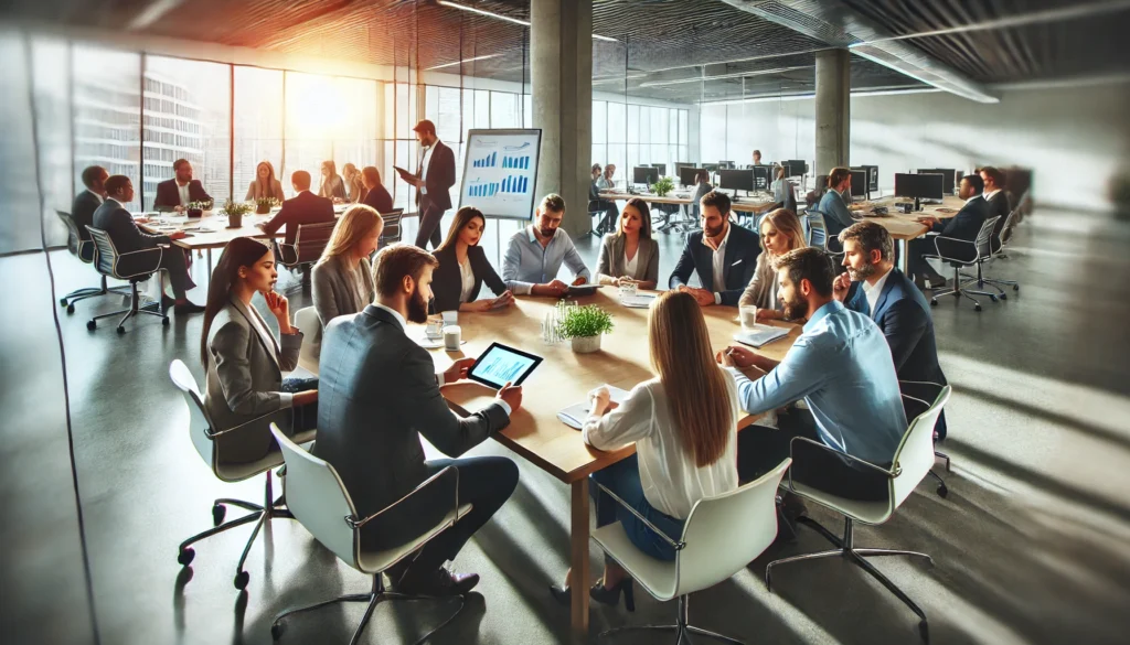 A collaborative meeting in a modern workspace, where a diverse team is engaged in a dynamic discussion. Participants are seated around a roundtable, using digital tablets and whiteboards to share ideas. The environment is bright, open, and well-organized, demonstrating key strategies for conducting productive meetings.