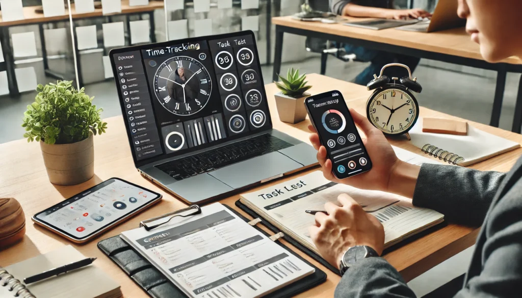 A person tracking their tasks with a smartphone time-tracking app while organizing their schedule on a laptop.