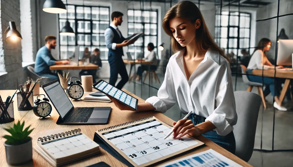 A focused professional in a modern coworking space, managing tasks efficiently with a tablet and digital calendar.managing tasks efficiently with a tablet and digital calendar.