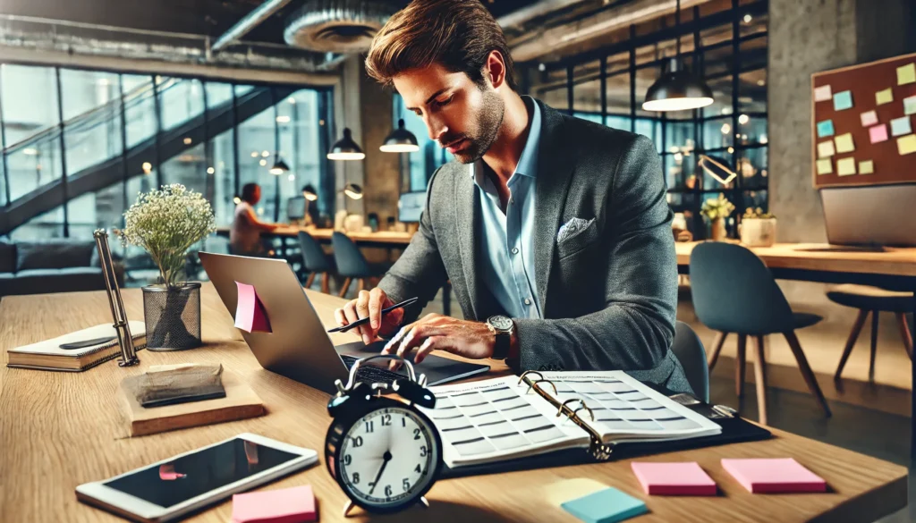 deeply engaged in managing time using a digital productivity tool on a laptop. The workspace is equipped with a planner, sticky notes, and a clock, illustrating effective time management strategies in a collaborative environment.