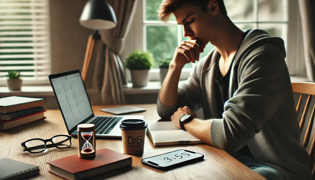 "A focused student sitting at a desk in a serene study environment, using a Pomodoro timer on their phone. The workspace is minimalistic, with a laptop, notebook, and a warm beverage, fostering concentration and effective time management strategies."