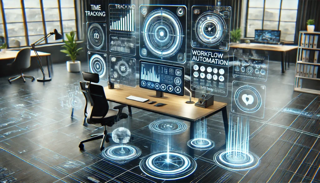 A futuristic digital dashboard showcasing time tracking, workflow automation, and smart reminders. Floating holographic interfaces emphasize efficiency, while the modern workspace includes an ergonomic chair and ambient lighting.
