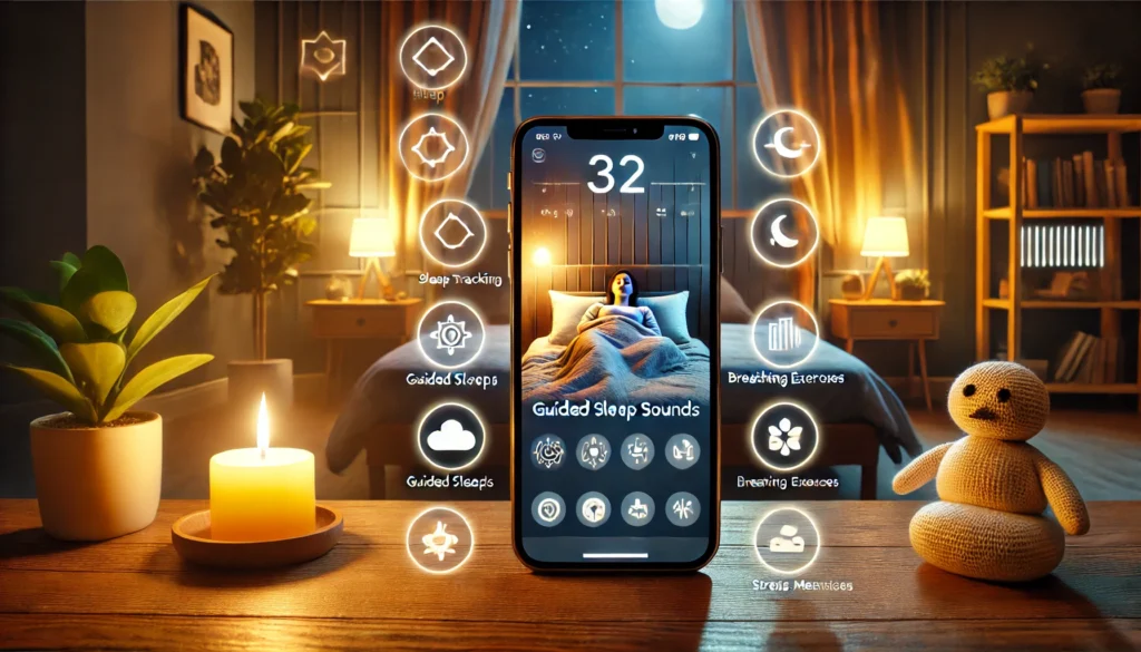 A smartphone displaying a sleep-tracking and relaxation app in a cozy nighttime setting. The background features a warmly lit bedroom with a person comfortably resting, along with floating icons representing guided sleep sounds and breathing exercises.